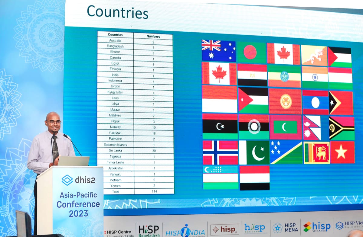 A speaker beside a presentation showing flags and the countries represented at the conference