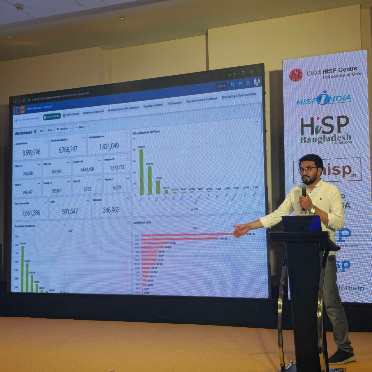 A presenter demonstrating a health dashboard on the conference stage