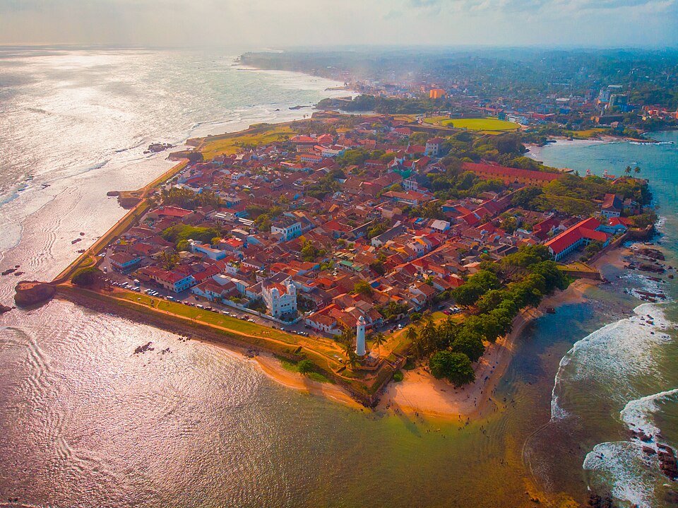 Aerial view of the ramparts, buildings, and coast at Galle Fort